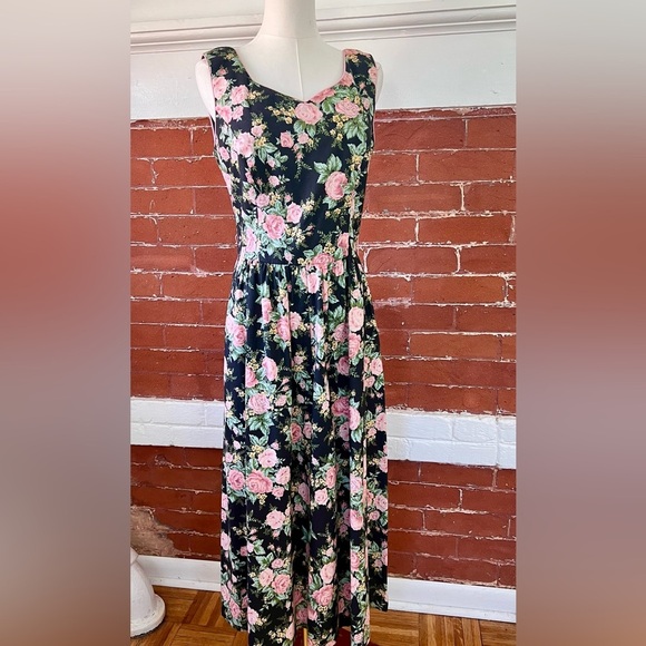 Vintage Lanz 80’s Black and Pink Floral Midi Dress Sleeveless Cottagecore - Picture 7 of 16